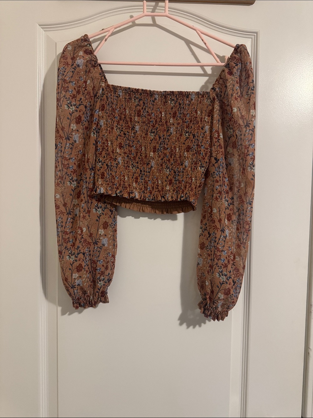 Aritzia Brown Floral Smocked Off-Shoulder Crop Top